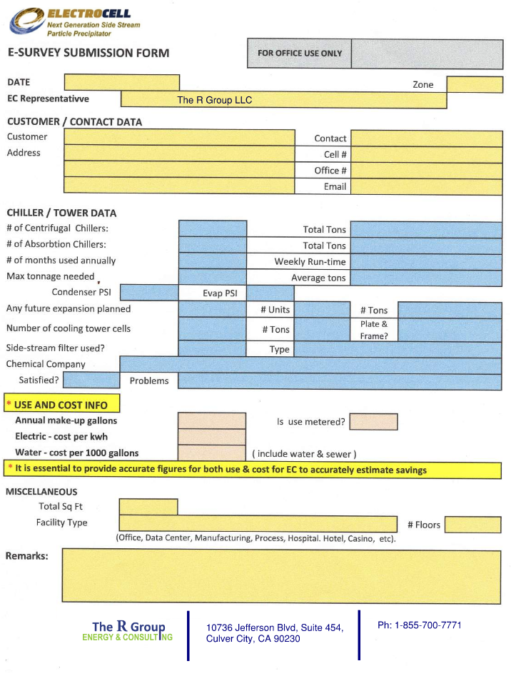 Electrocell E-Survey Submission Form — fields for customer/contact data, chiller/tower specifications, use and cost information, and miscellaneous facility details